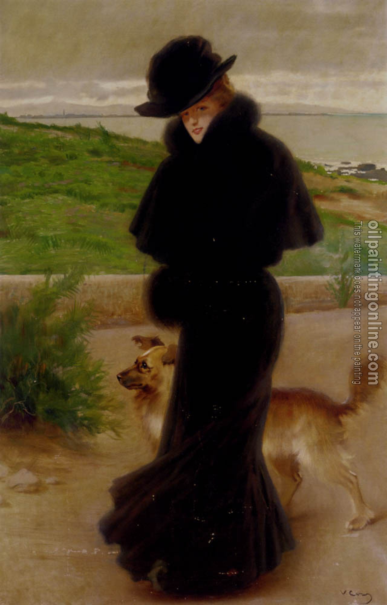 Vittorio Matteo Corcos - An Elegant Lady With Her Faithful Companion By The Beach